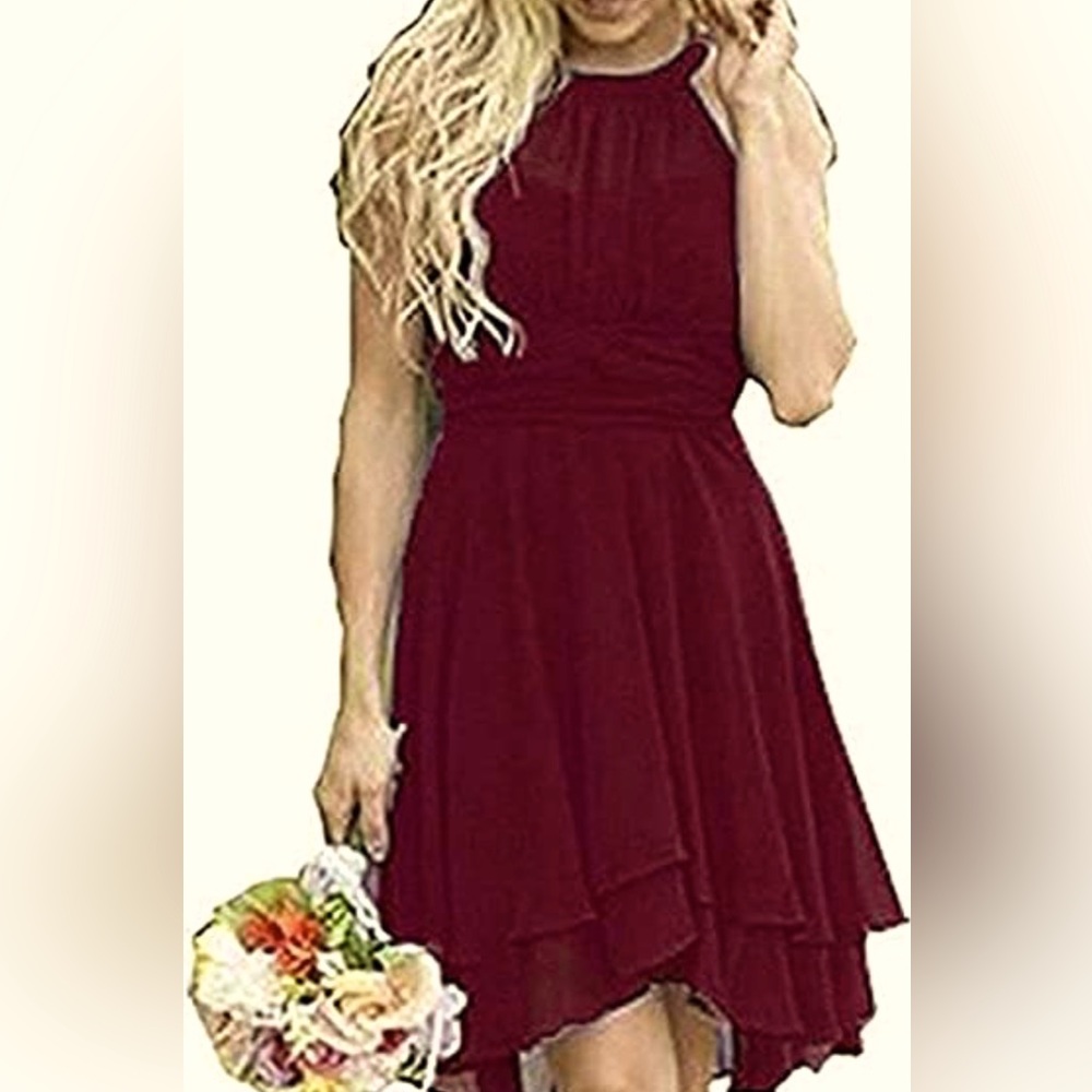 Formal maroon sleeveless hi low dress.